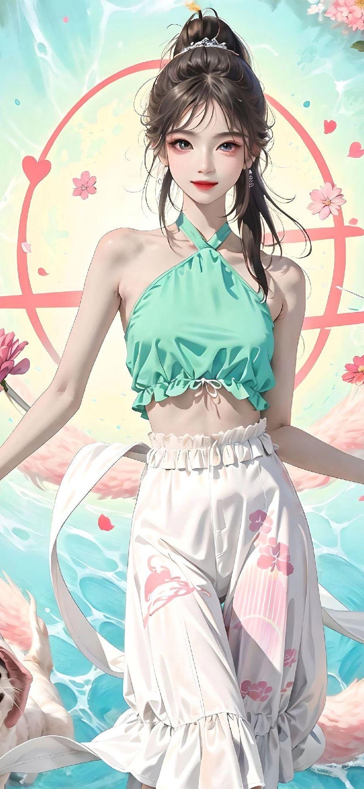 漫蛙官方配图：绿色挂脖上衣女孩站在粉色花卉背景前（漫蛙品牌插画，不是任何作品的官方画面）
