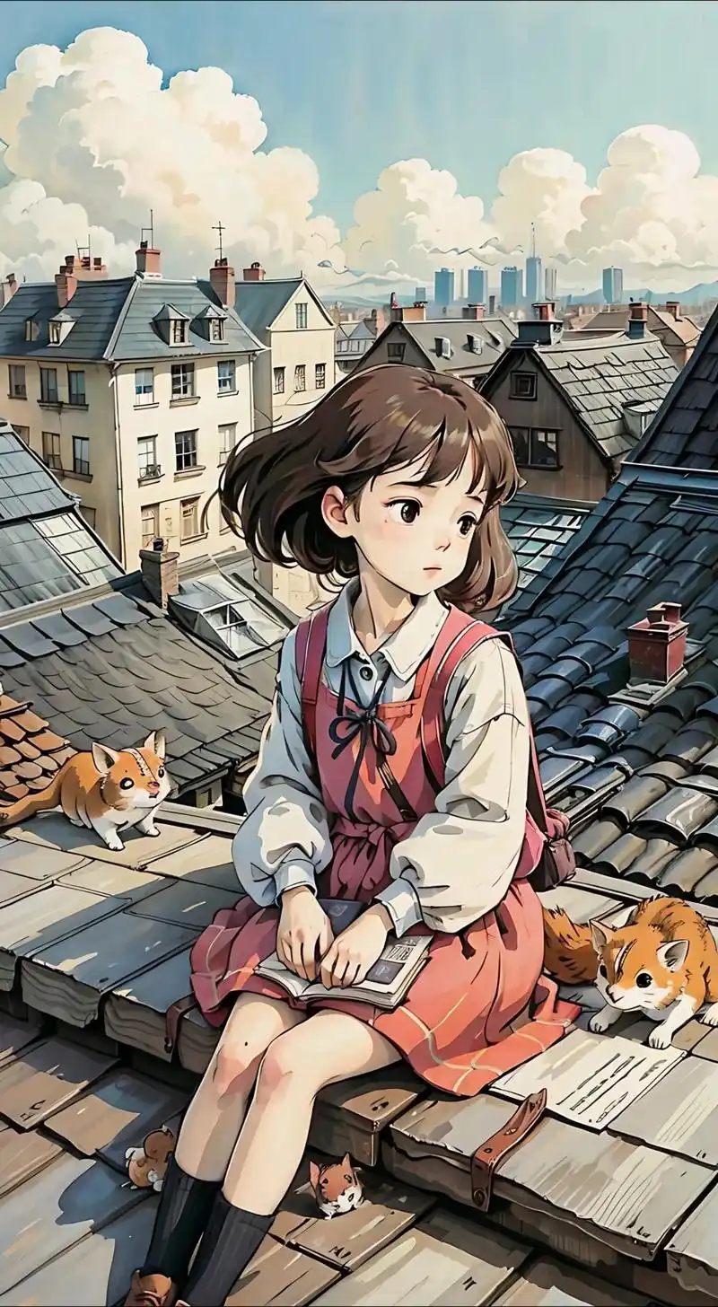 漫蛙官方配图：坐在屋顶上读纸页的女孩和两只猫（漫蛙品牌插画，不是任何作品的官方画面）